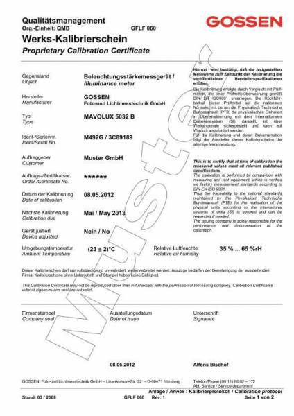 Werkskalibrierschein Werkskalibrierschein